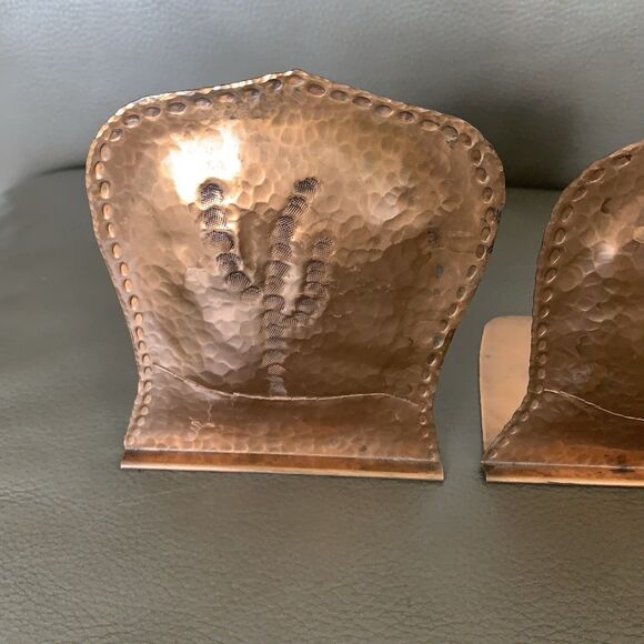 Vintage Hammered Copper Bookends Pair Rustic Tree Motif MCM Artsy Brutalist - Picture 4 of 16